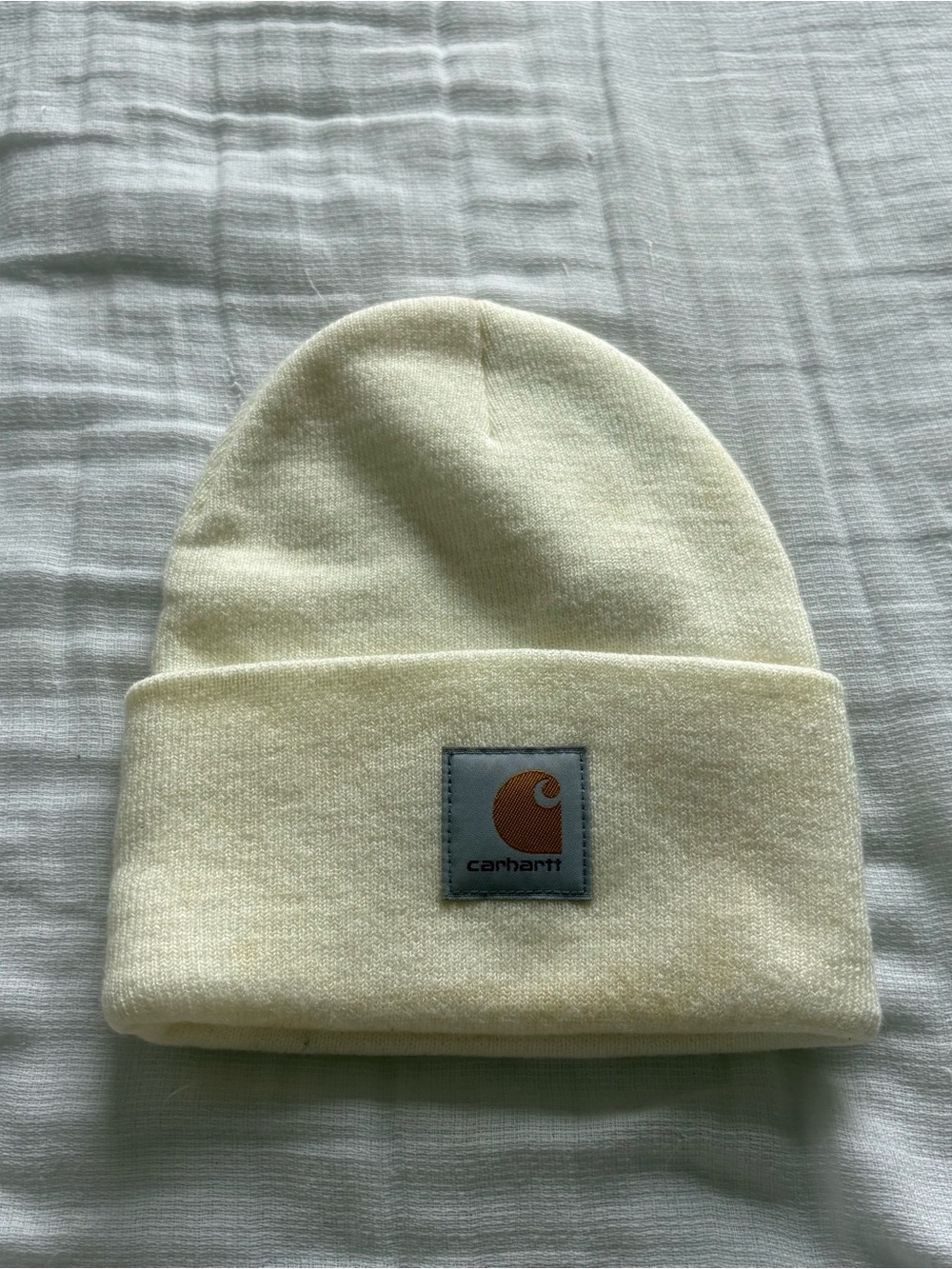 Carhartt Cream Folded Cuff Beanie with Logo Patch